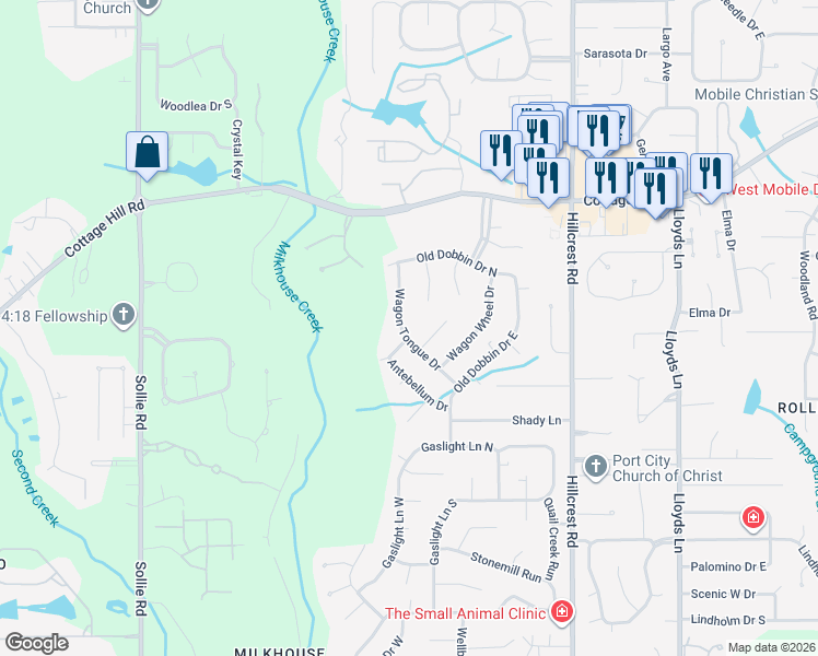 map of restaurants, bars, coffee shops, grocery stores, and more near 2587 Wagon Tongue Drive in Mobile