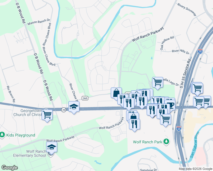 map of restaurants, bars, coffee shops, grocery stores, and more near 4229 Mercer Road in Georgetown