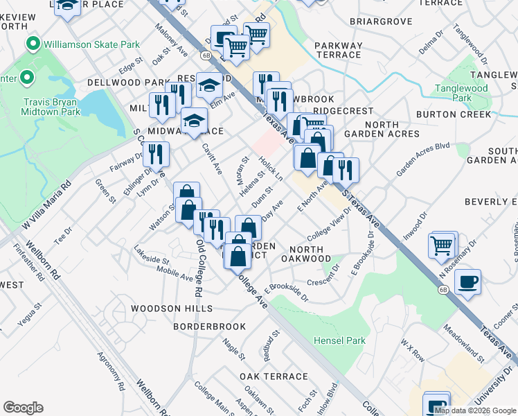 map of restaurants, bars, coffee shops, grocery stores, and more near 307 Dunn Street in Bryan