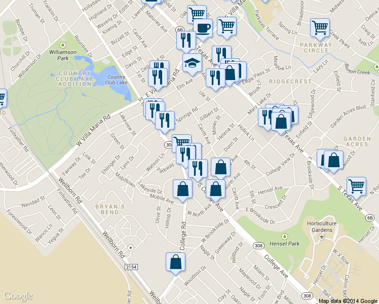 map of restaurants, bars, coffee shops, grocery stores, and more near 109 Pleasant Street in Bryan