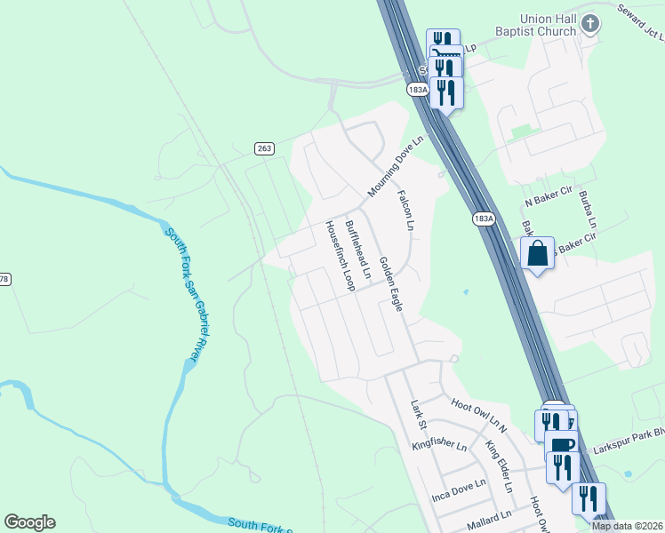 map of restaurants, bars, coffee shops, grocery stores, and more near 148 Housefinch Loop in Leander