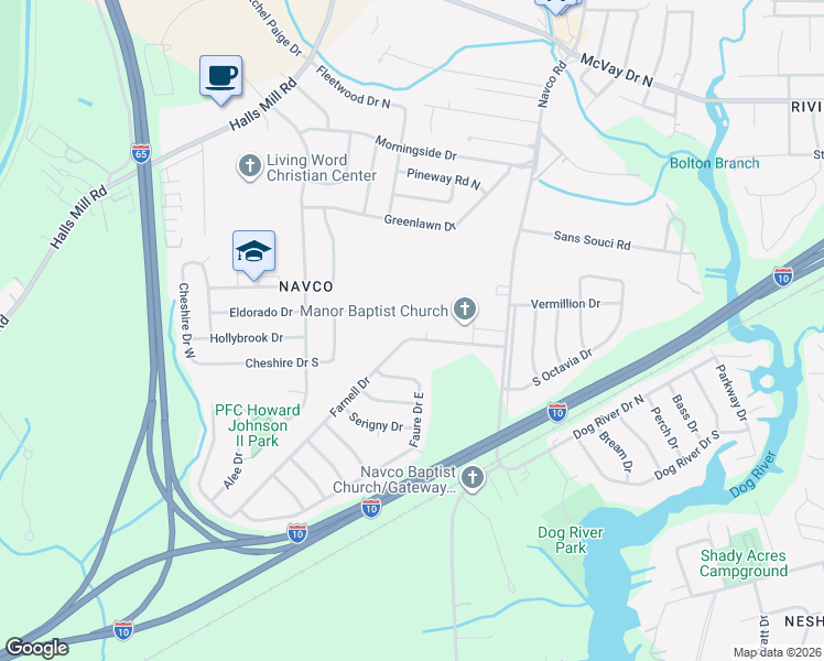 map of restaurants, bars, coffee shops, grocery stores, and more near 2552 Farnell Drive in Mobile