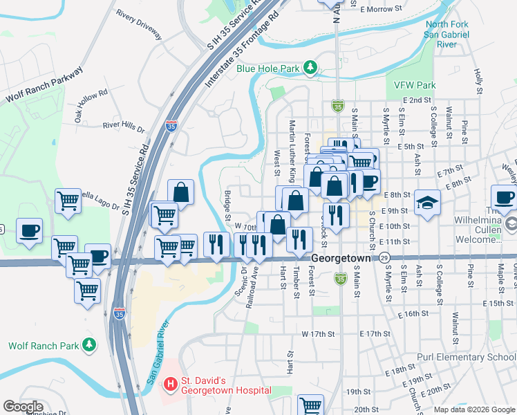 map of restaurants, bars, coffee shops, grocery stores, and more near 804 Scenic Drive in Georgetown