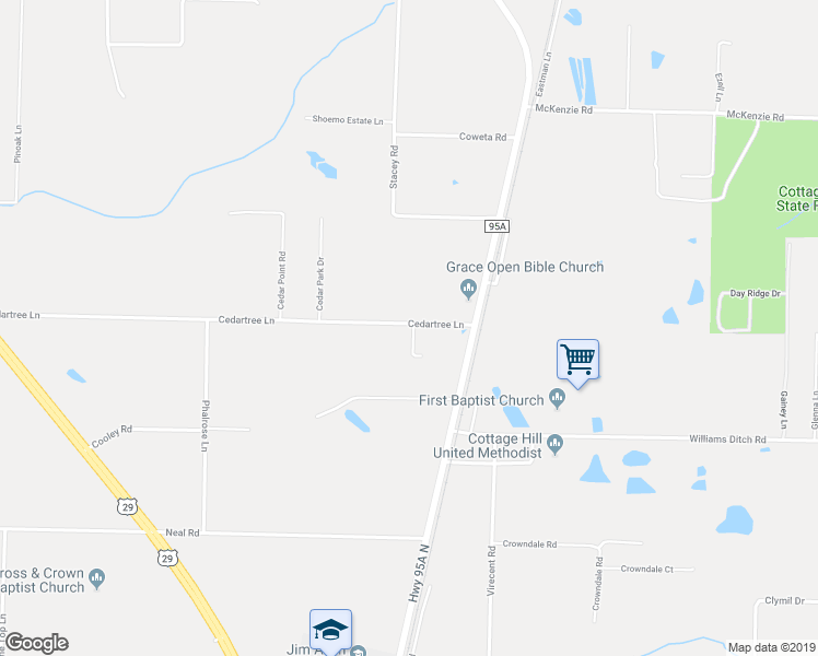 map of restaurants, bars, coffee shops, grocery stores, and more near 173 Cedartree Lane in Cantonment