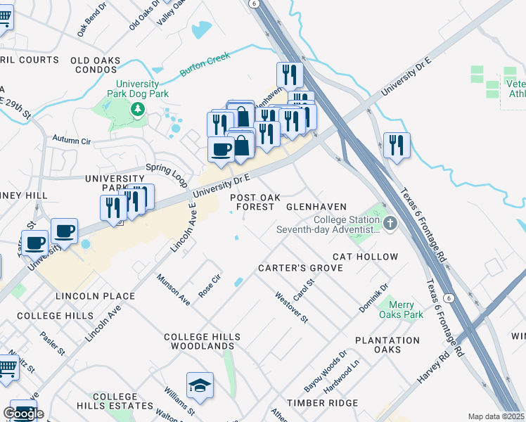 map of restaurants, bars, coffee shops, grocery stores, and more near 21 Forest Drive Loop in College Station
