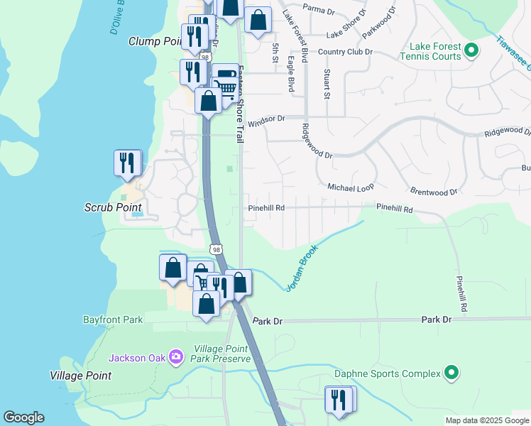 map of restaurants, bars, coffee shops, grocery stores, and more near 28189 2nd Avenue in Daphne