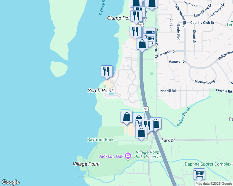 map of restaurants, bars, coffee shops, grocery stores, and more near 4 Yacht Club Drive in Daphne