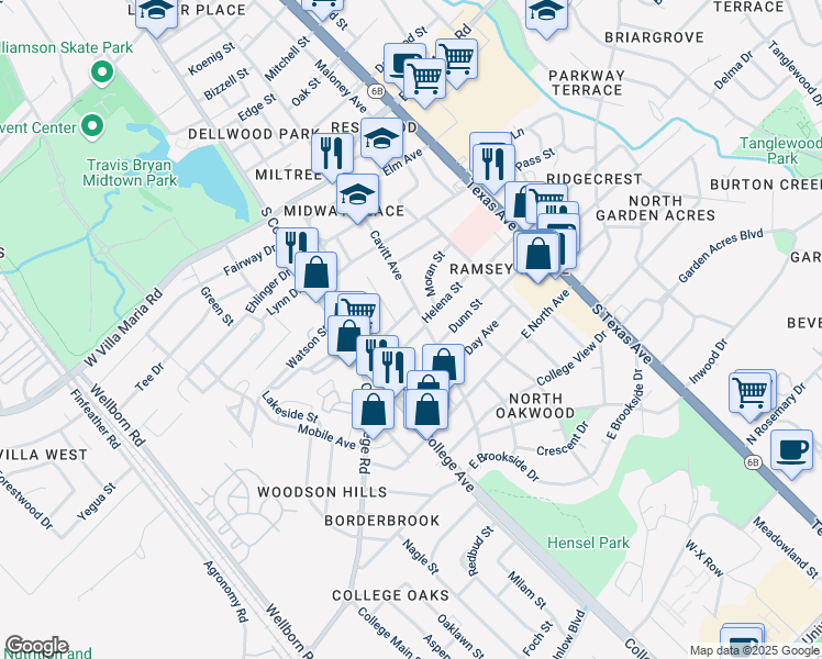 map of restaurants, bars, coffee shops, grocery stores, and more near 214 Helena Street in Bryan