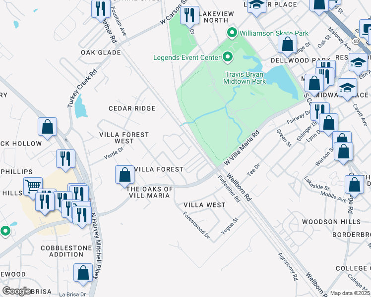 map of restaurants, bars, coffee shops, grocery stores, and more near 3150 Finfeather Road in Bryan