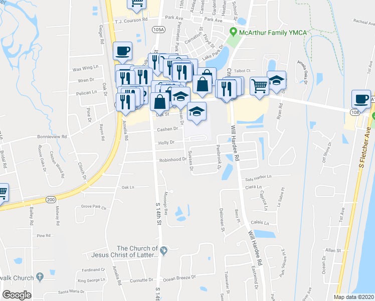 map of restaurants, bars, coffee shops, grocery stores, and more near 2311 Sussex Drive in Fernandina Beach