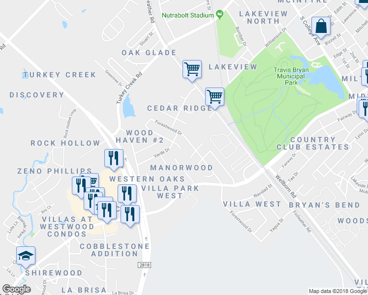 map of restaurants, bars, coffee shops, grocery stores, and more near 2917 Forest Bend Drive in Bryan