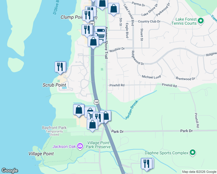 map of restaurants, bars, coffee shops, grocery stores, and more near 28190 North Main Street in Daphne