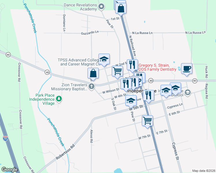 map of restaurants, bars, coffee shops, grocery stores, and more near 225 North Oak Street in Independence