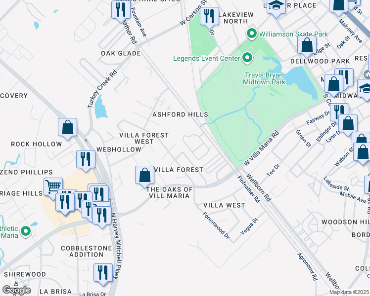 map of restaurants, bars, coffee shops, grocery stores, and more near 3101 Heatherwood Drive in Bryan
