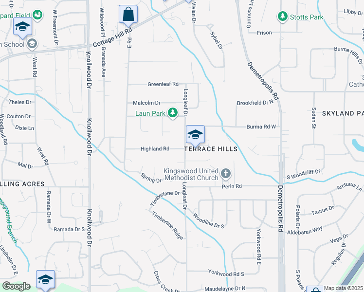 map of restaurants, bars, coffee shops, grocery stores, and more near 5400 Highland Road in Mobile