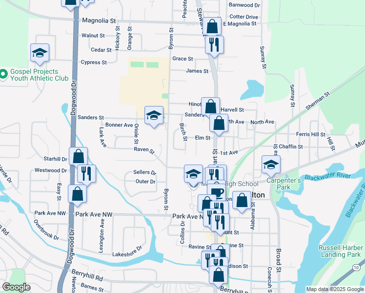 map of restaurants, bars, coffee shops, grocery stores, and more near 5533 Birch Street in Milton