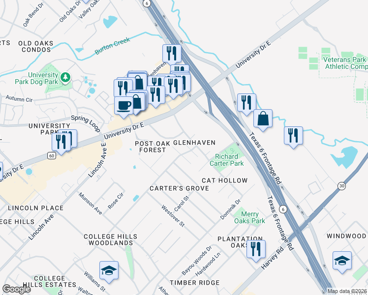 map of restaurants, bars, coffee shops, grocery stores, and more near 1008 Oakhaven Circle in College Station