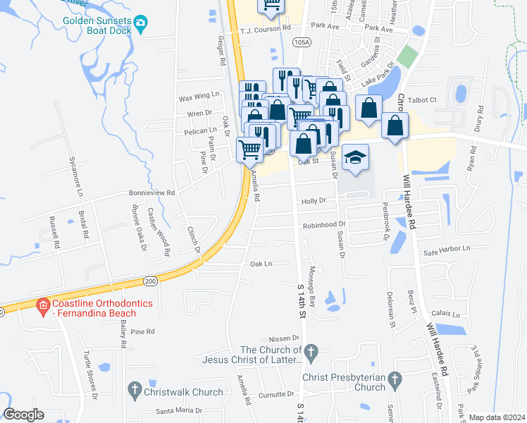 map of restaurants, bars, coffee shops, grocery stores, and more near 813 Nottingham Drive in Fernandina Beach
