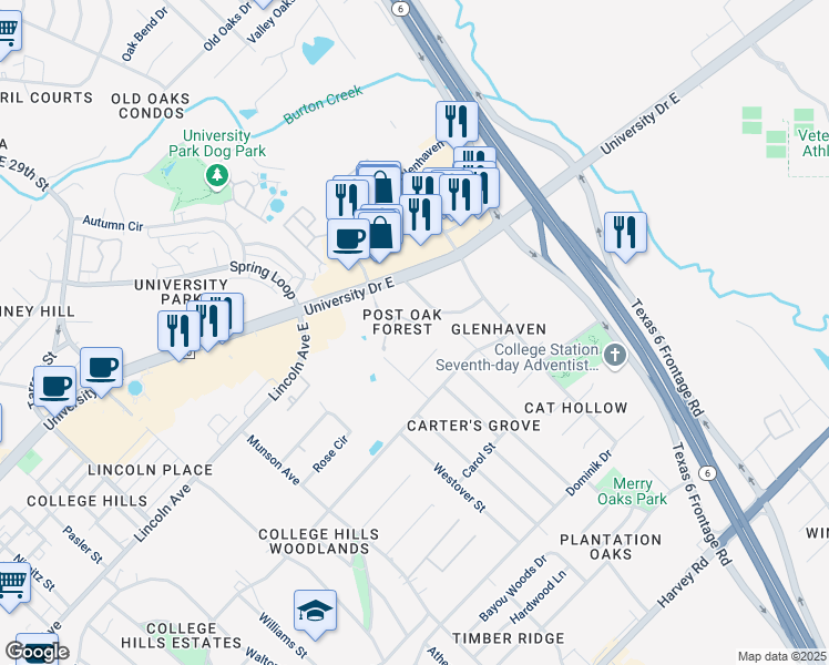 map of restaurants, bars, coffee shops, grocery stores, and more near 20 Forest Drive in College Station