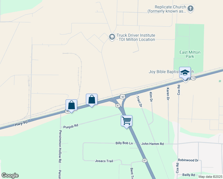 map of restaurants, bars, coffee shops, grocery stores, and more near 8604 Bobby Brown Road in Milton
