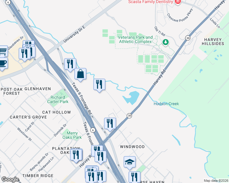 map of restaurants, bars, coffee shops, grocery stores, and more near 1401-1407 Associates Avenue in College Station