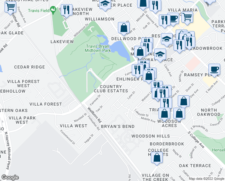 map of restaurants, bars, coffee shops, grocery stores, and more near 310 Tee Drive in Bryan