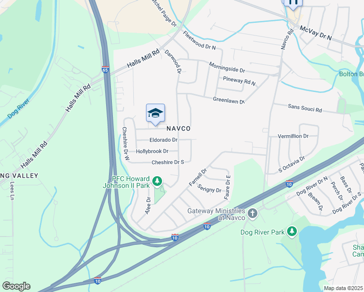 map of restaurants, bars, coffee shops, grocery stores, and more near 1657 Darwood Drive in Mobile