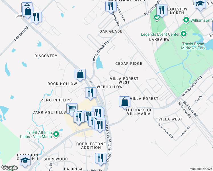 map of restaurants, bars, coffee shops, grocery stores, and more near 1208 Webhollow Circle in Bryan