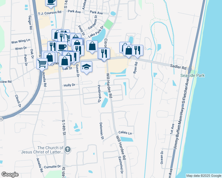 map of restaurants, bars, coffee shops, grocery stores, and more near 2103 Canterbury Lane in Fernandina Beach