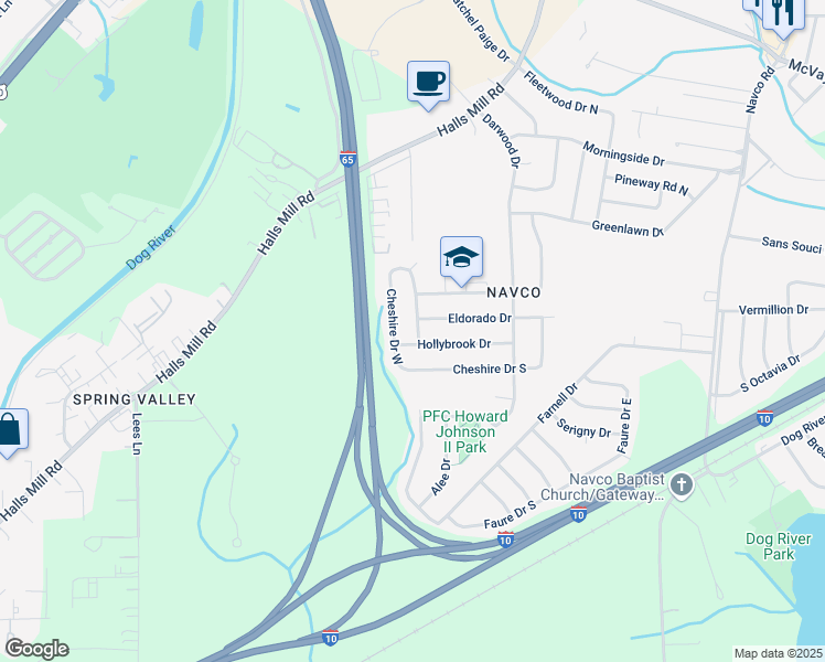 map of restaurants, bars, coffee shops, grocery stores, and more near 1654 Fernbrook Drive in Mobile