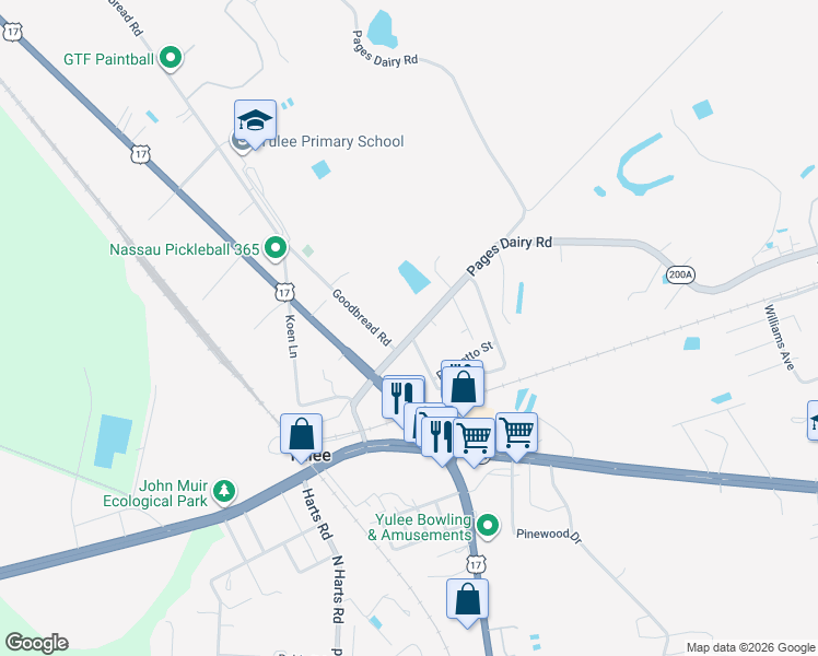 map of restaurants, bars, coffee shops, grocery stores, and more near 86067 Pages Dairy Road in Yulee