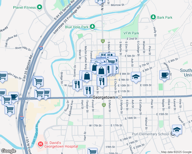 map of restaurants, bars, coffee shops, grocery stores, and more near 810 South Rock Street in Georgetown