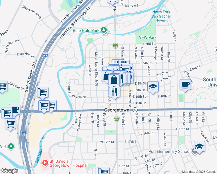 map of restaurants, bars, coffee shops, grocery stores, and more near 820 South Austin Avenue in Georgetown