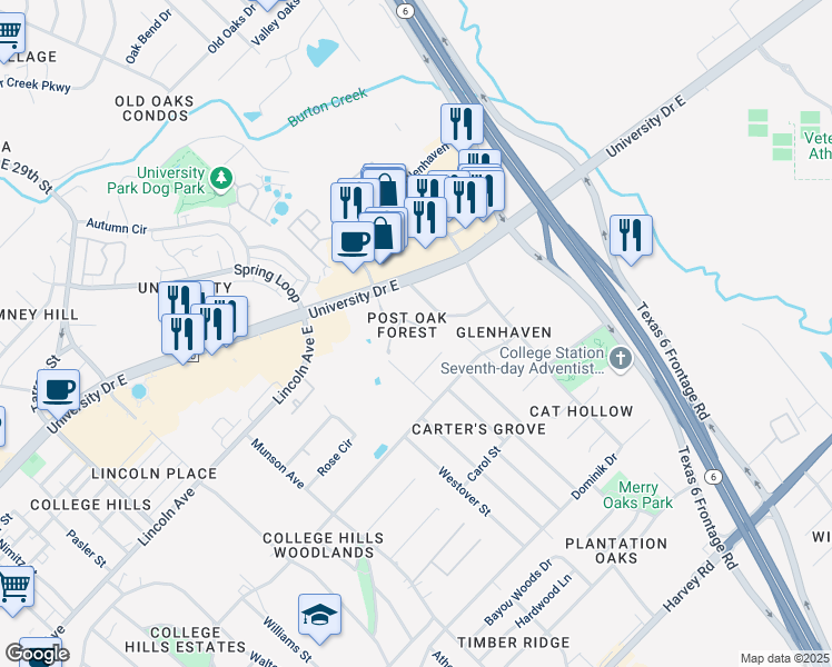 map of restaurants, bars, coffee shops, grocery stores, and more near 19 Forest Drive in College Station