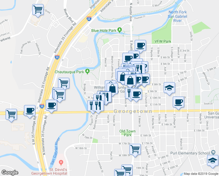 map of restaurants, bars, coffee shops, grocery stores, and more near 808 Martin Luther King Jr Street in Georgetown