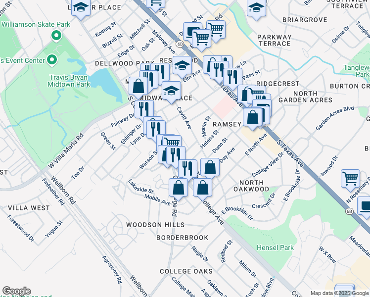 map of restaurants, bars, coffee shops, grocery stores, and more near 109 Pleasant Street in Bryan