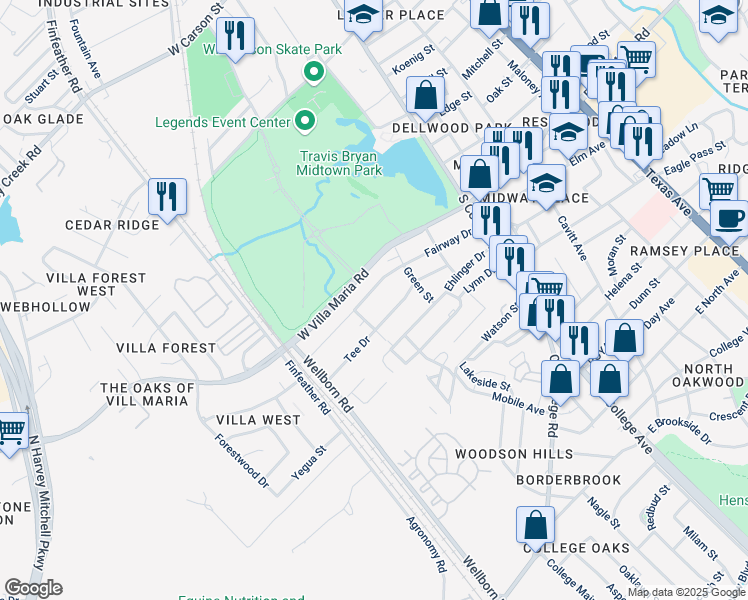 map of restaurants, bars, coffee shops, grocery stores, and more near 310 Tee Drive in Bryan