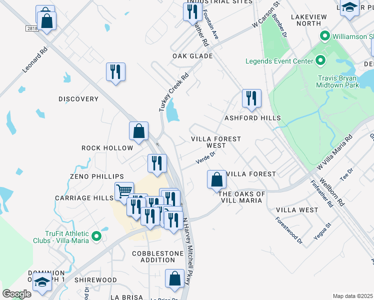 map of restaurants, bars, coffee shops, grocery stores, and more near 1208 Webhollow Circle in Bryan