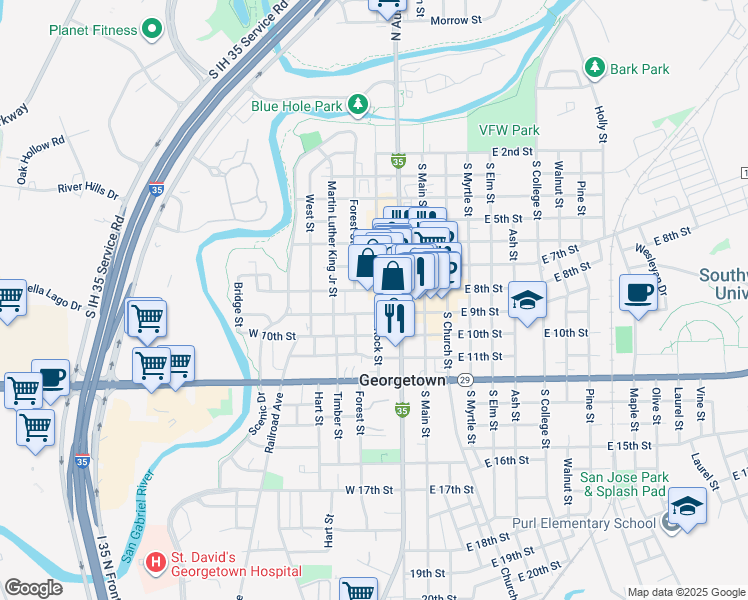 map of restaurants, bars, coffee shops, grocery stores, and more near 820 South Austin Avenue in Georgetown