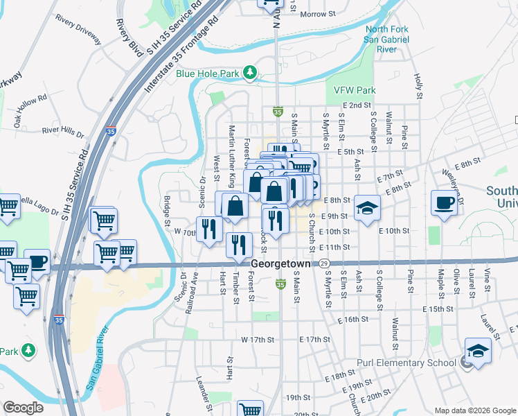 map of restaurants, bars, coffee shops, grocery stores, and more near 402 West 8th Street in Georgetown