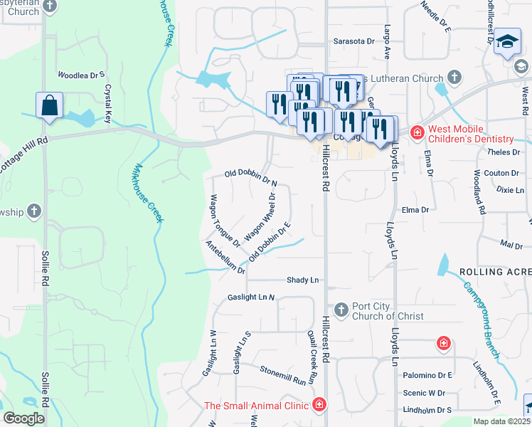 map of restaurants, bars, coffee shops, grocery stores, and more near 2600 Wagon Wheel Drive in Mobile