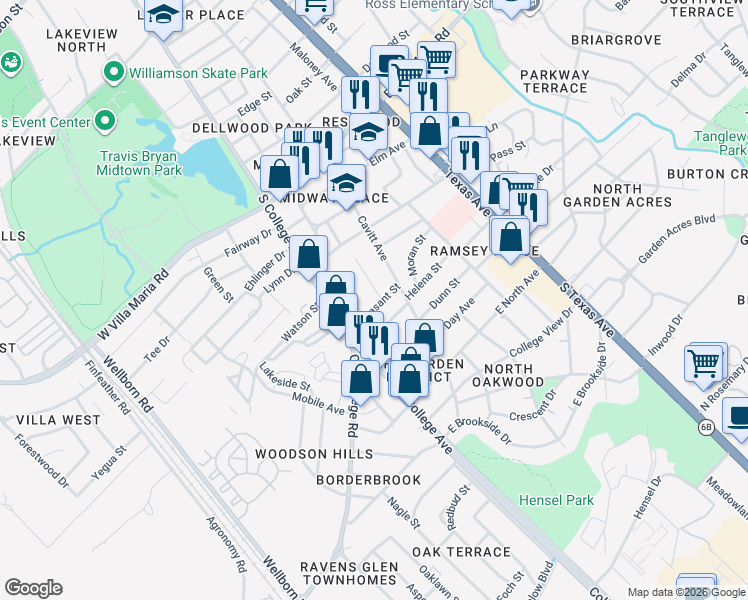 map of restaurants, bars, coffee shops, grocery stores, and more near 109 Pleasant Street in Bryan