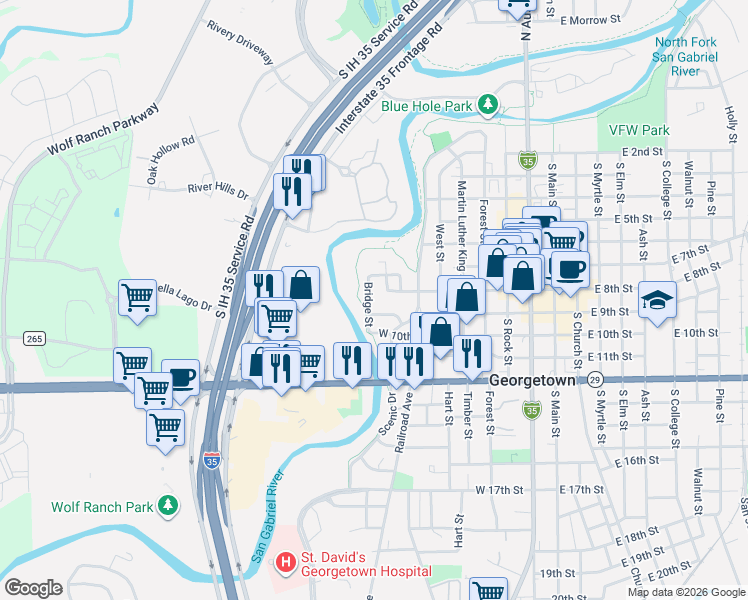 map of restaurants, bars, coffee shops, grocery stores, and more near 901 West 9th Street in Georgetown