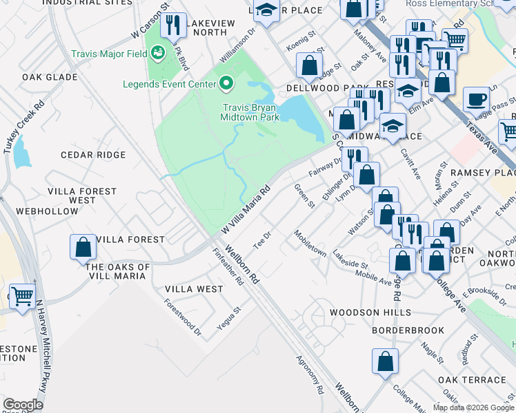 map of restaurants, bars, coffee shops, grocery stores, and more near 318 Fairway Drive in Bryan