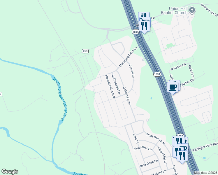 map of restaurants, bars, coffee shops, grocery stores, and more near 148 Housefinch Loop in Leander