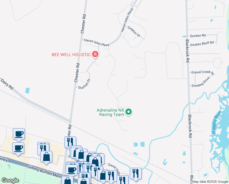 map of restaurants, bars, coffee shops, grocery stores, and more near 96522 Commodore Point Drive in Yulee