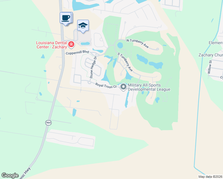 map of restaurants, bars, coffee shops, grocery stores, and more near 1944 Royal Troon Court in Zachary