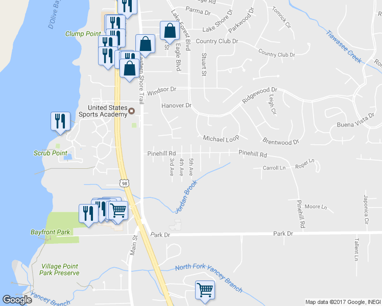 map of restaurants, bars, coffee shops, grocery stores, and more near 28171 Pinehill Road in Daphne