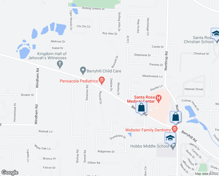 map of restaurants, bars, coffee shops, grocery stores, and more near 5535 Debbie Drive in Milton