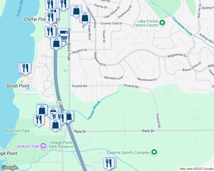 map of restaurants, bars, coffee shops, grocery stores, and more near 28159 Pinehill Road in Daphne